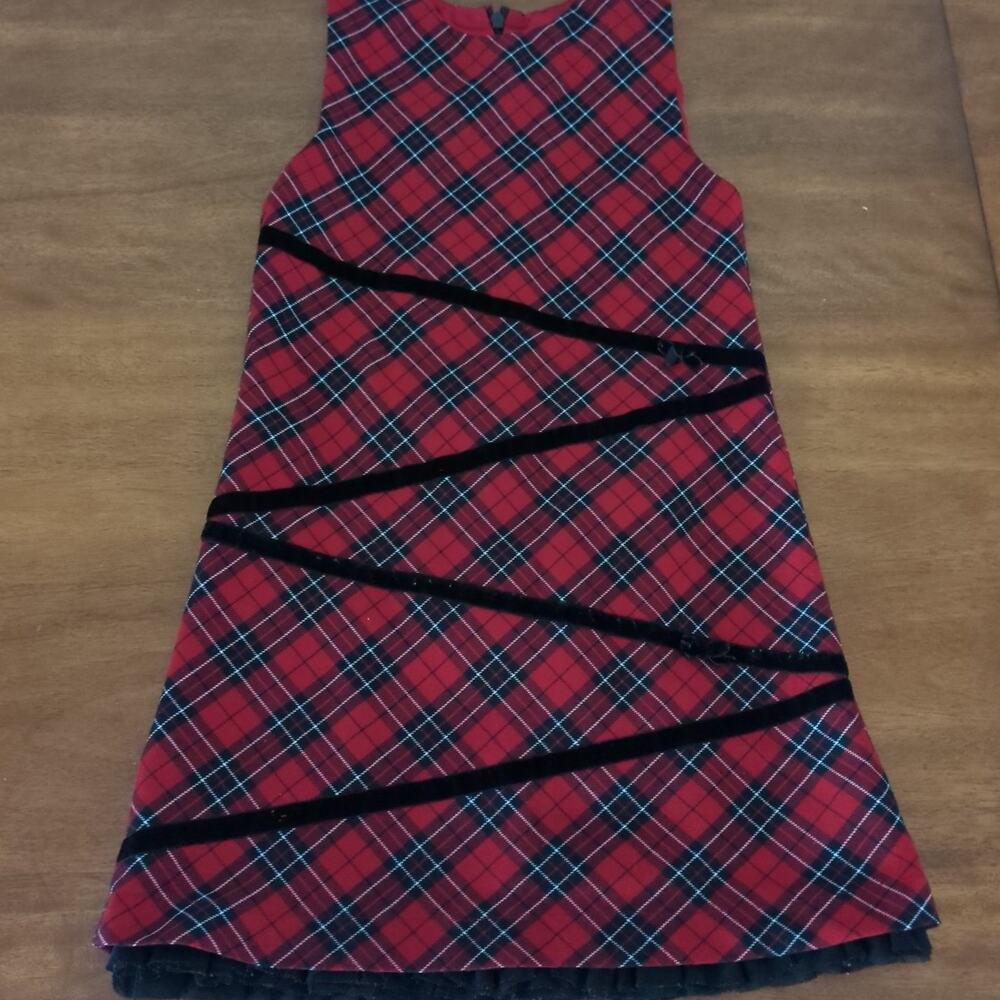 The Childrens Place Girls Sz 6/7 A Line Red Black Sleeveless Plaid Bow dress GUC